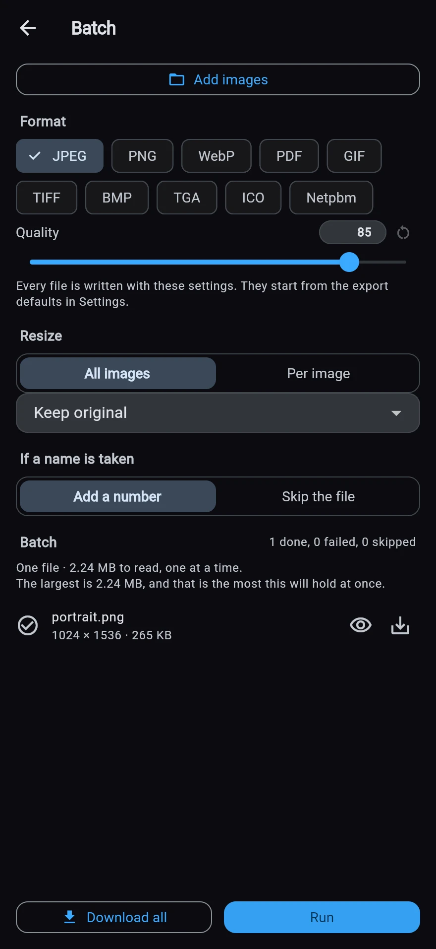 The Batch screen after a run: one done, none failed, the finished file listed at 265 KB with preview and download beside it, and Download all now available.