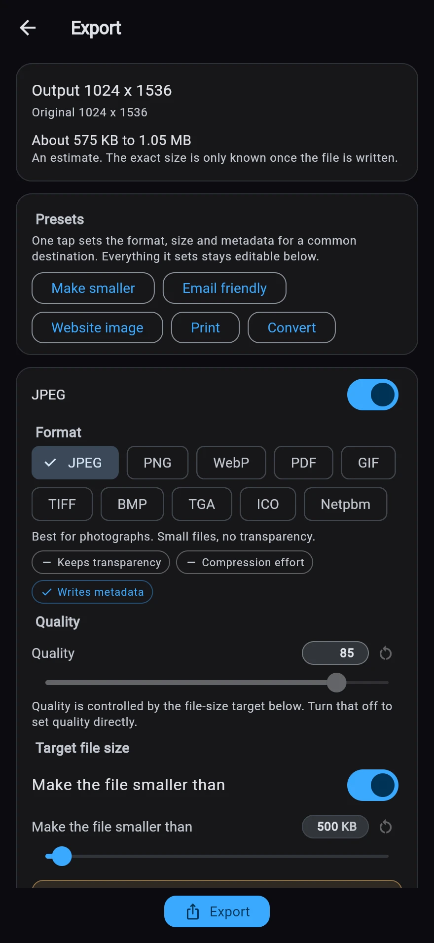 The Export Studio with a file-size target switched on: JPEG selected, the quality slider handed over to the target, and the budget set to 500 KB.