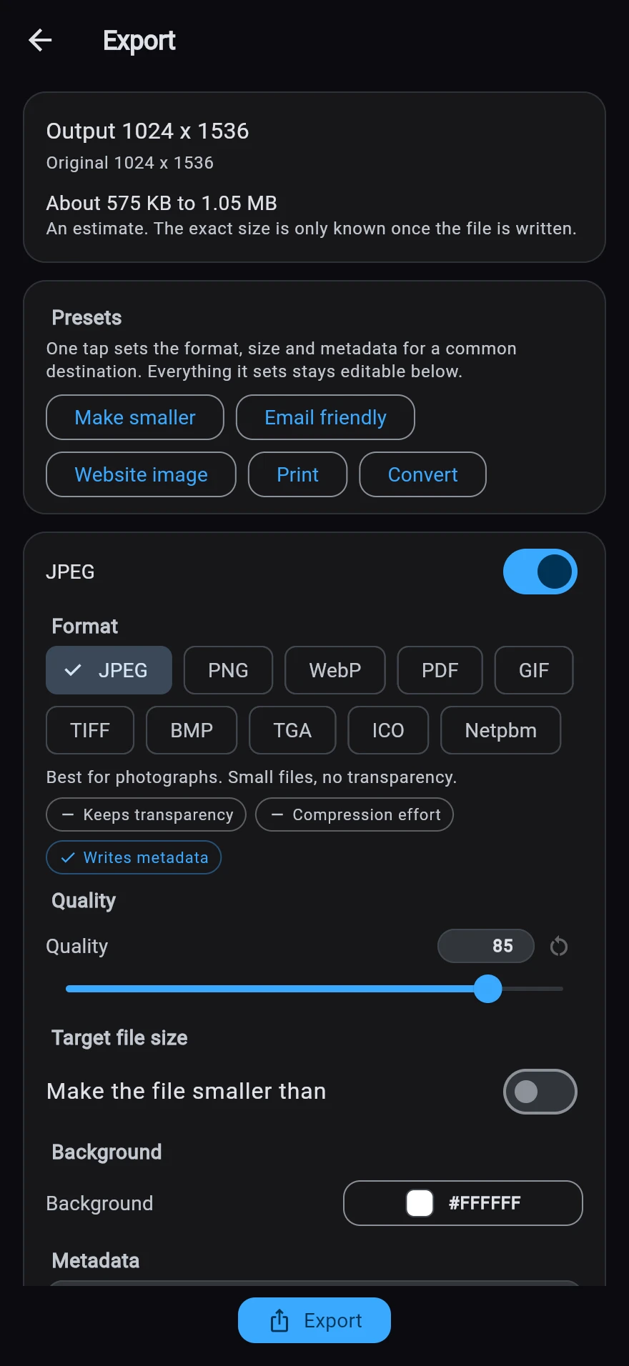 The Export Studio: format chips, a quality slider and the estimated size of the file that will come out.