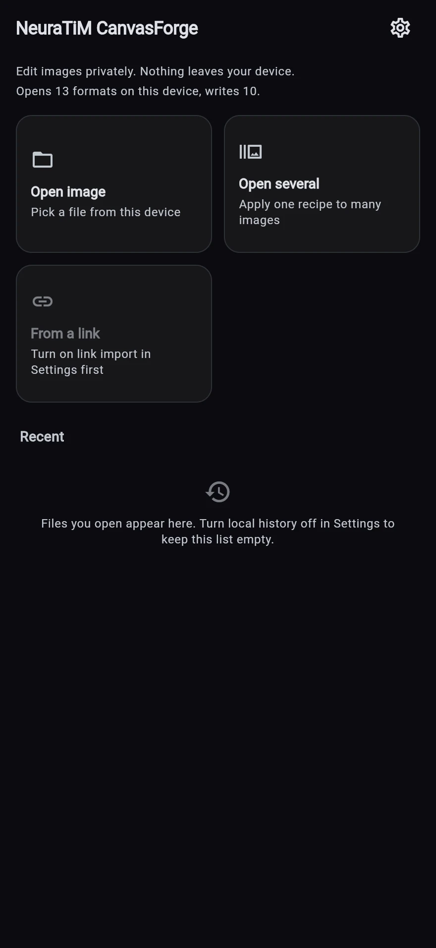 The home screen: Open image, Open several and From a link, with the line stating how many formats this device reads and writes.